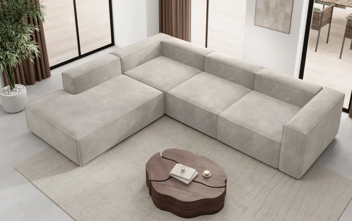 Designer Ecksofa Lesley mit langer Ottomane in Samt