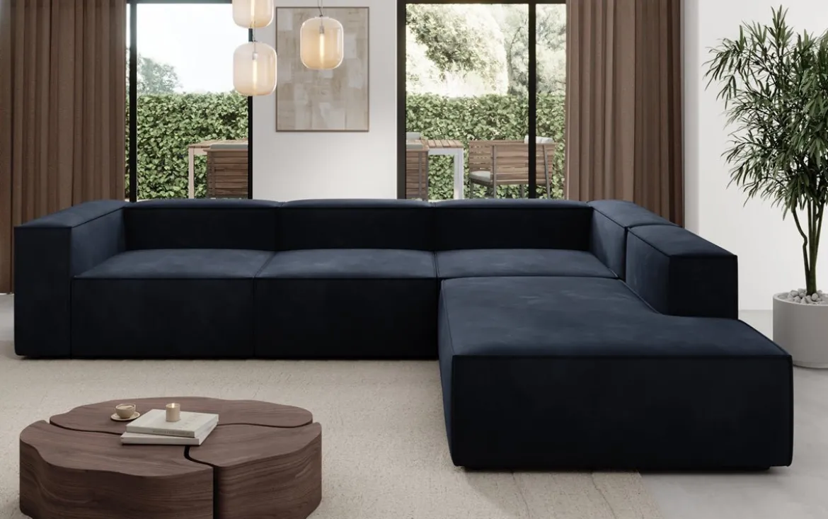 Designer Ecksofa Lesley mit langer Ottomane in Samt