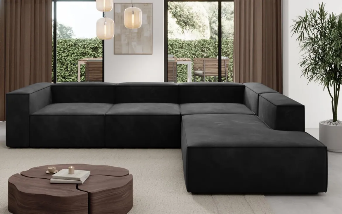 Designer Ecksofa Lesley mit langer Ottomane in Samt