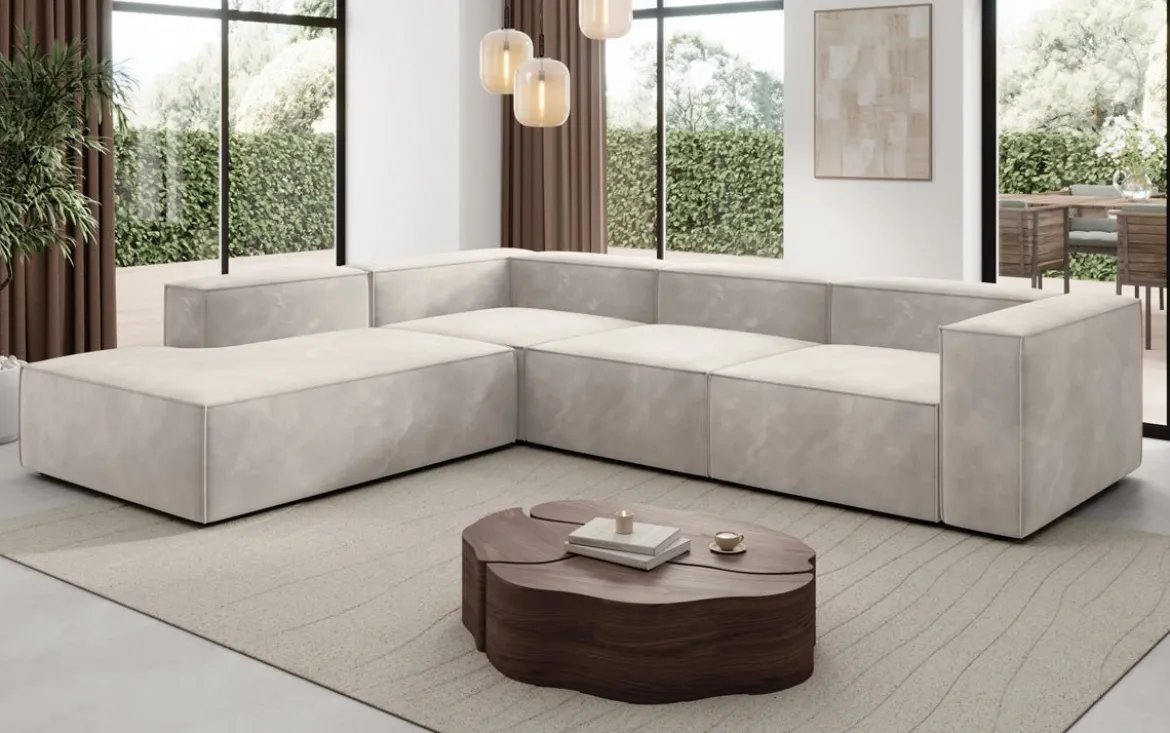 Designer Ecksofa Lesley mit langer Ottomane in Samt