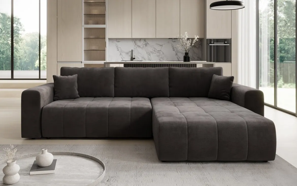 Designer Ecksofa Leveno mit Schlaf- und Klappfunktion in Samt