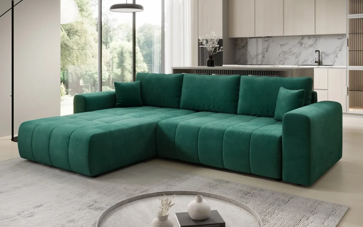 Designer Ecksofa Leveno mit Schlaf- und Klappfunktion in Samt
