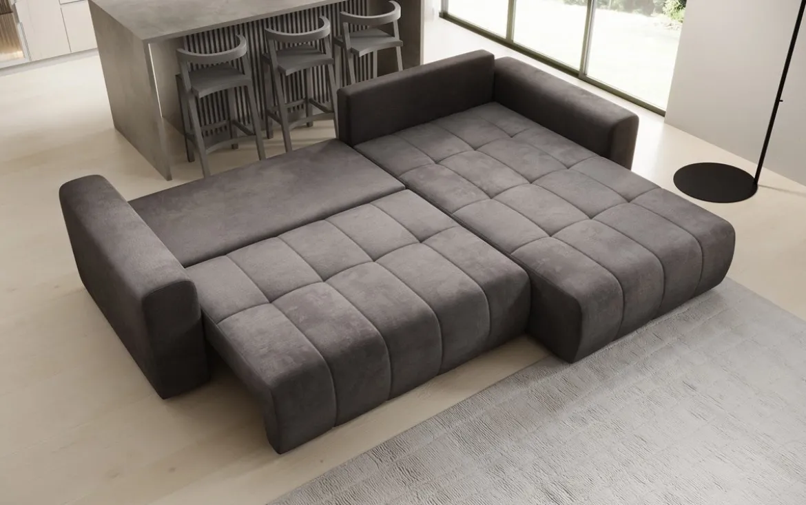 Designer Ecksofa Leveno mit Schlaf- und Klappfunktion in Samt