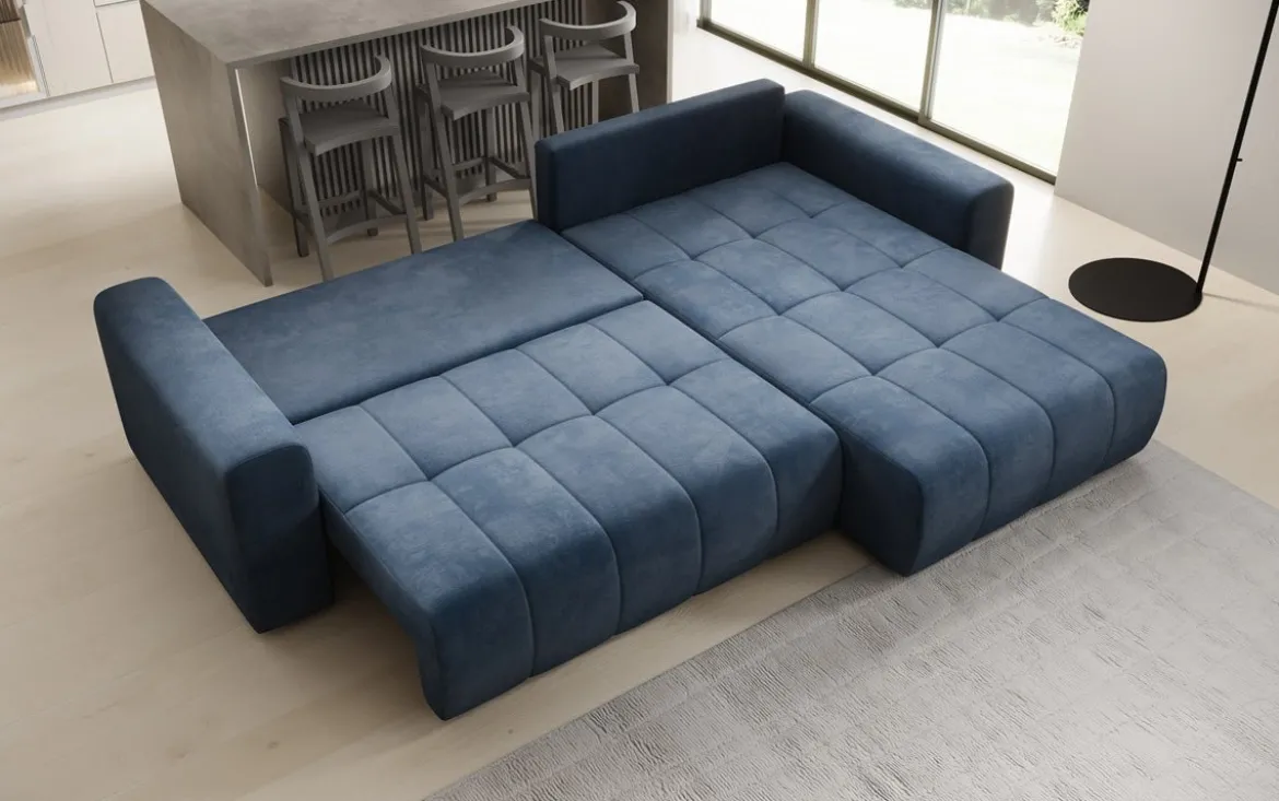 Designer Ecksofa Leveno mit Schlaf- und Klappfunktion in Samt