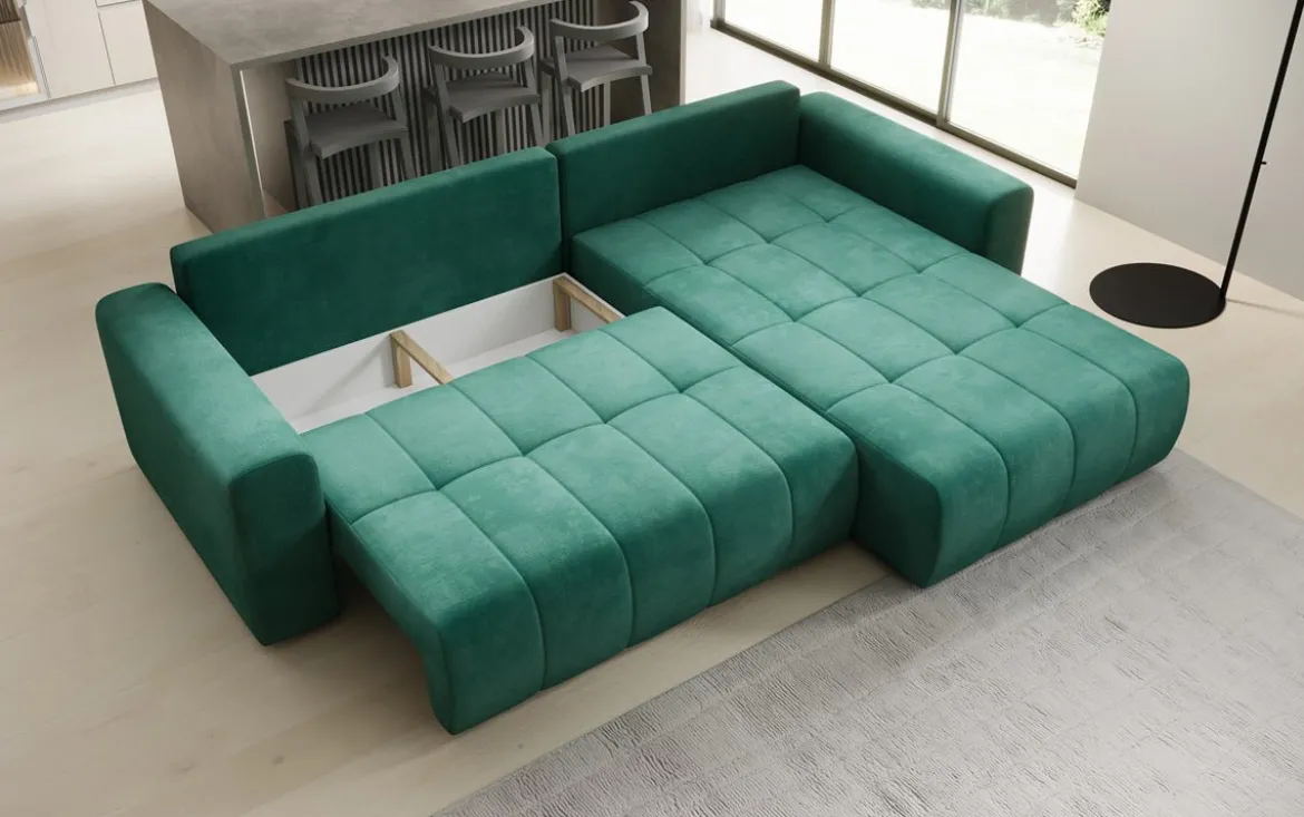 Designer Ecksofa Leveno mit Schlaf- und Klappfunktion in Samt