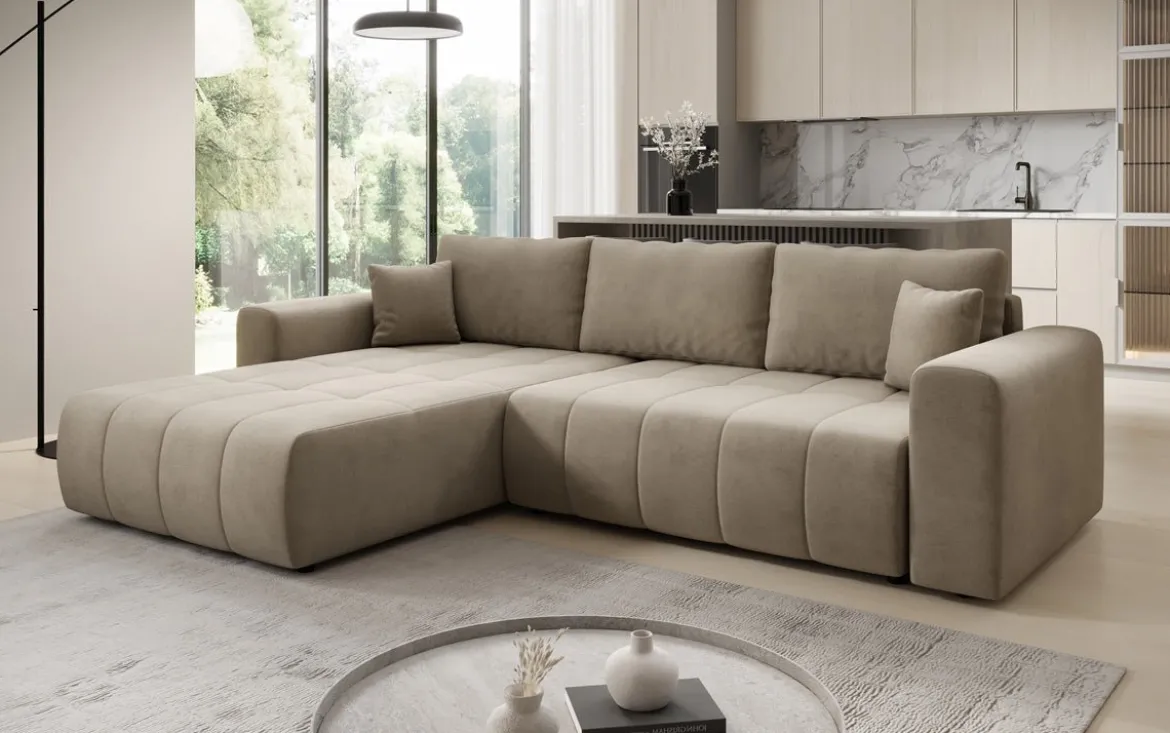 Designer Ecksofa Leveno mit Schlaf- und Klappfunktion in Samt