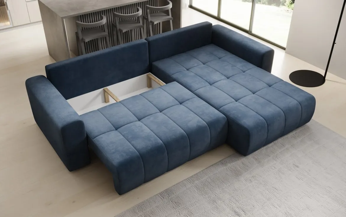 Designer Ecksofa Leveno mit Schlaf- und Klappfunktion in Samt