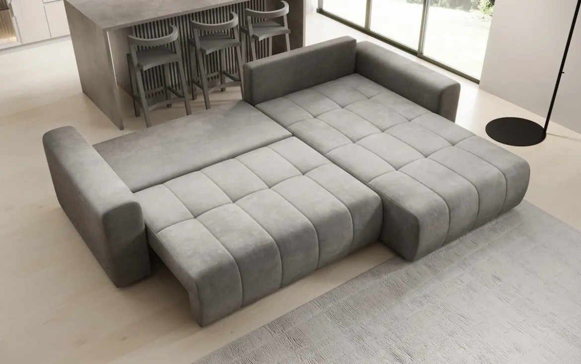Designer Ecksofa Leveno mit Schlaf- und Klappfunktion in Samt