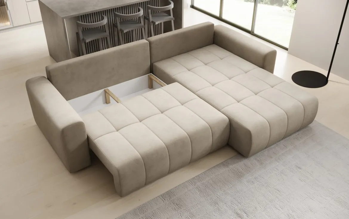 Designer Ecksofa Leveno mit Schlaf- und Klappfunktion in Samt