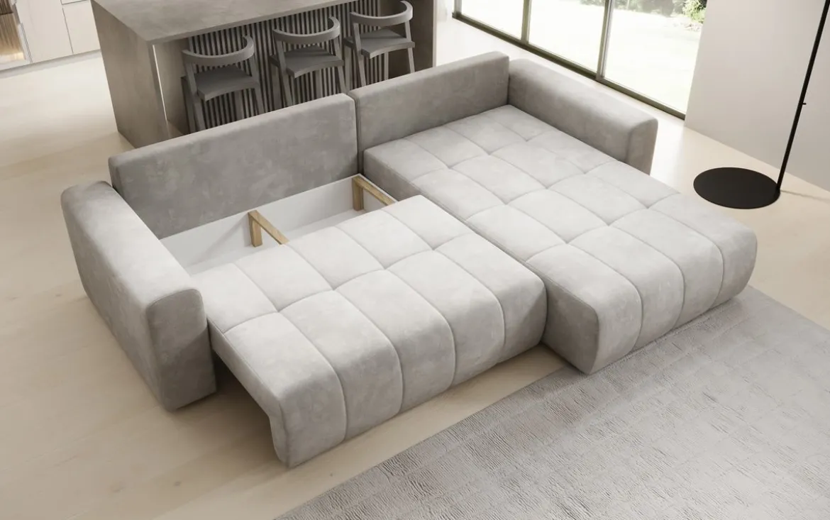 Designer Ecksofa Leveno mit Schlaf- und Klappfunktion in Samt