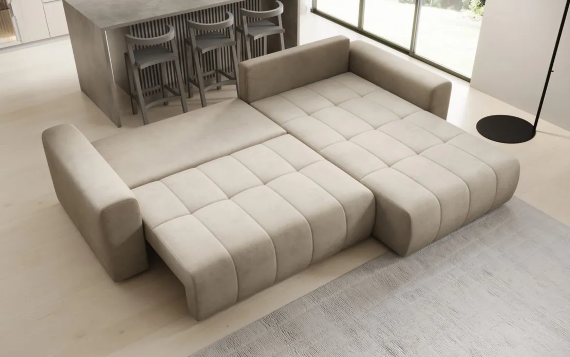Designer Ecksofa Leveno mit Schlaf- und Klappfunktion in Samt