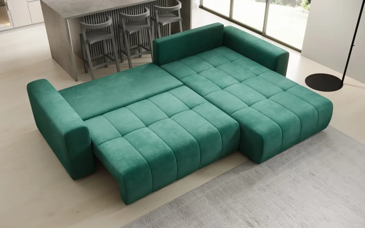 Designer Ecksofa Leveno mit Schlaf- und Klappfunktion in Samt
