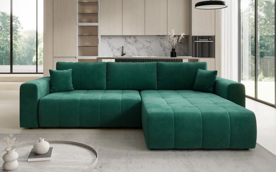Designer Ecksofa Leveno mit Schlaf- und Klappfunktion in Samt