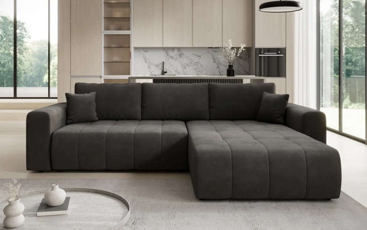Designer Ecksofa Leveno mit Schlaf- und Klappfunktion in Samt