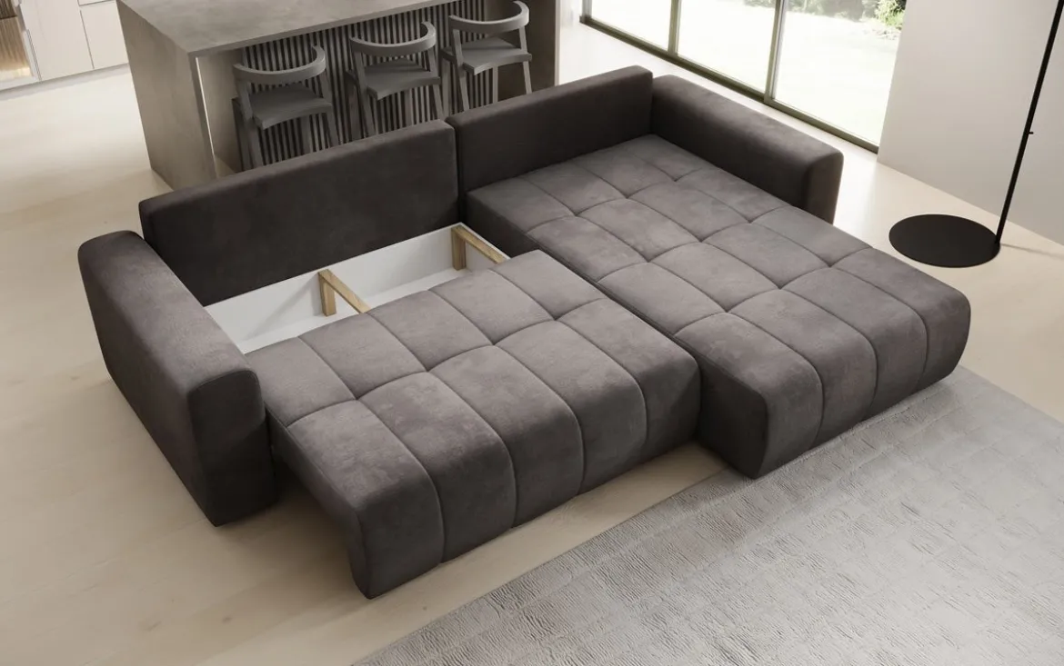 Designer Ecksofa Leveno mit Schlaf- und Klappfunktion in Samt