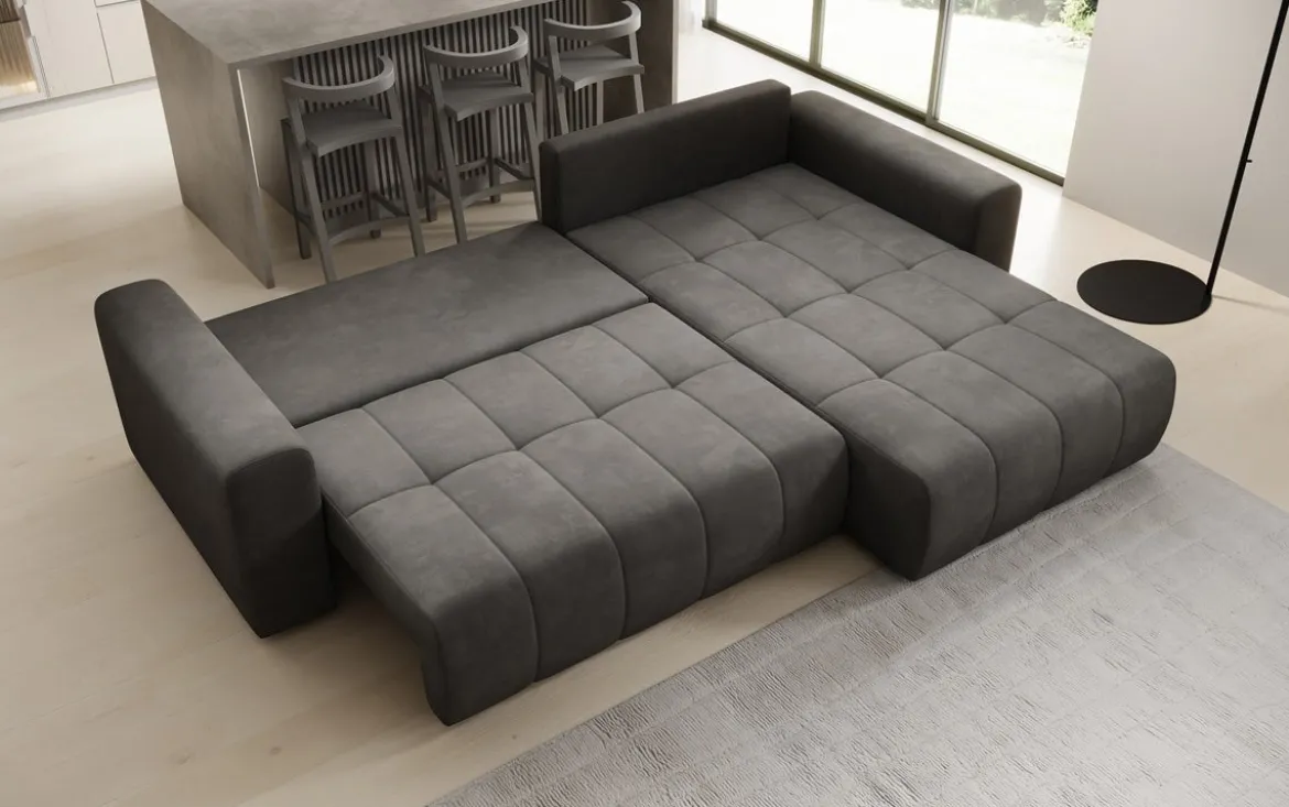 Designer Ecksofa Leveno mit Schlaf- und Klappfunktion in Samt