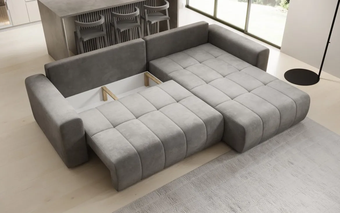 Designer Ecksofa Leveno mit Schlaf- und Klappfunktion in Samt