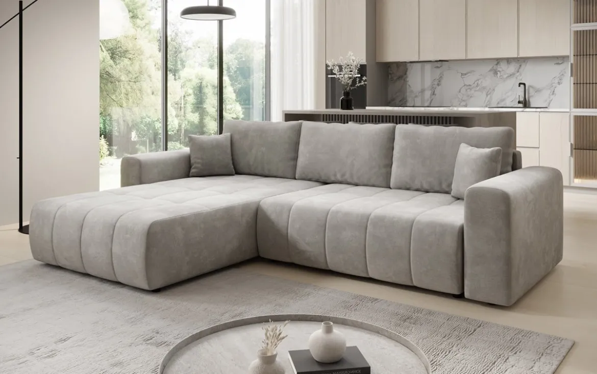 Designer Ecksofa Leveno mit Schlaf- und Klappfunktion in Samt