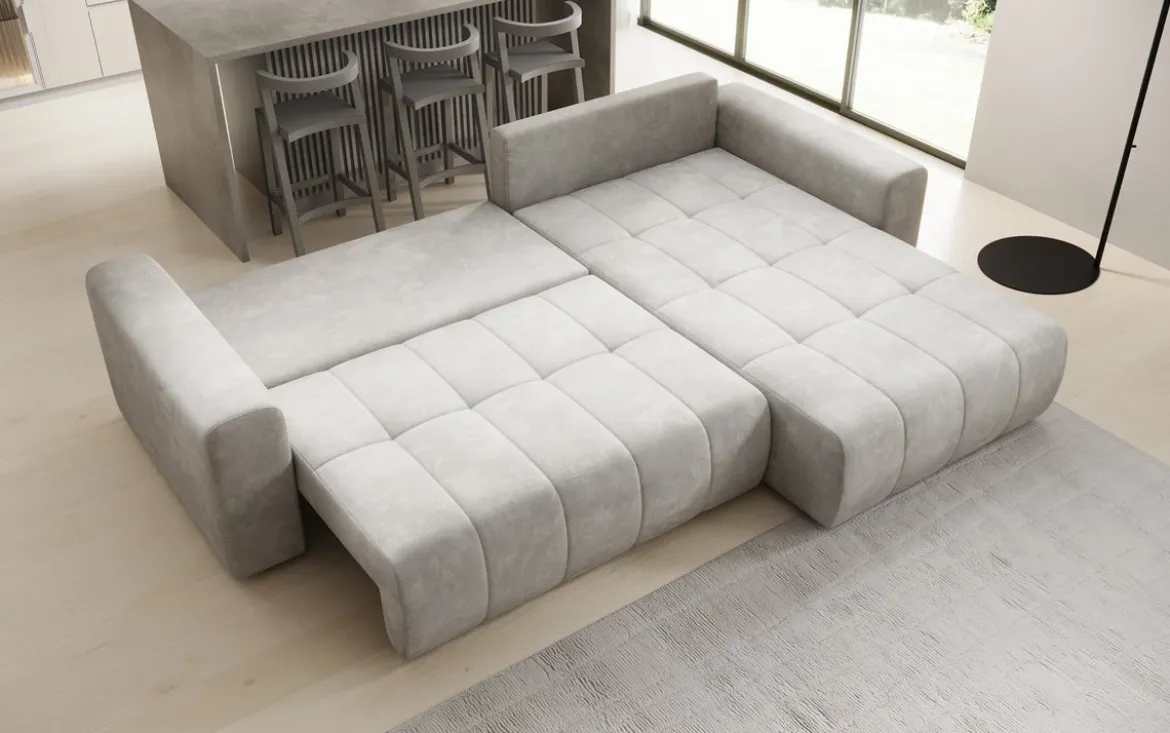 Designer Ecksofa Leveno mit Schlaf- und Klappfunktion in Samt