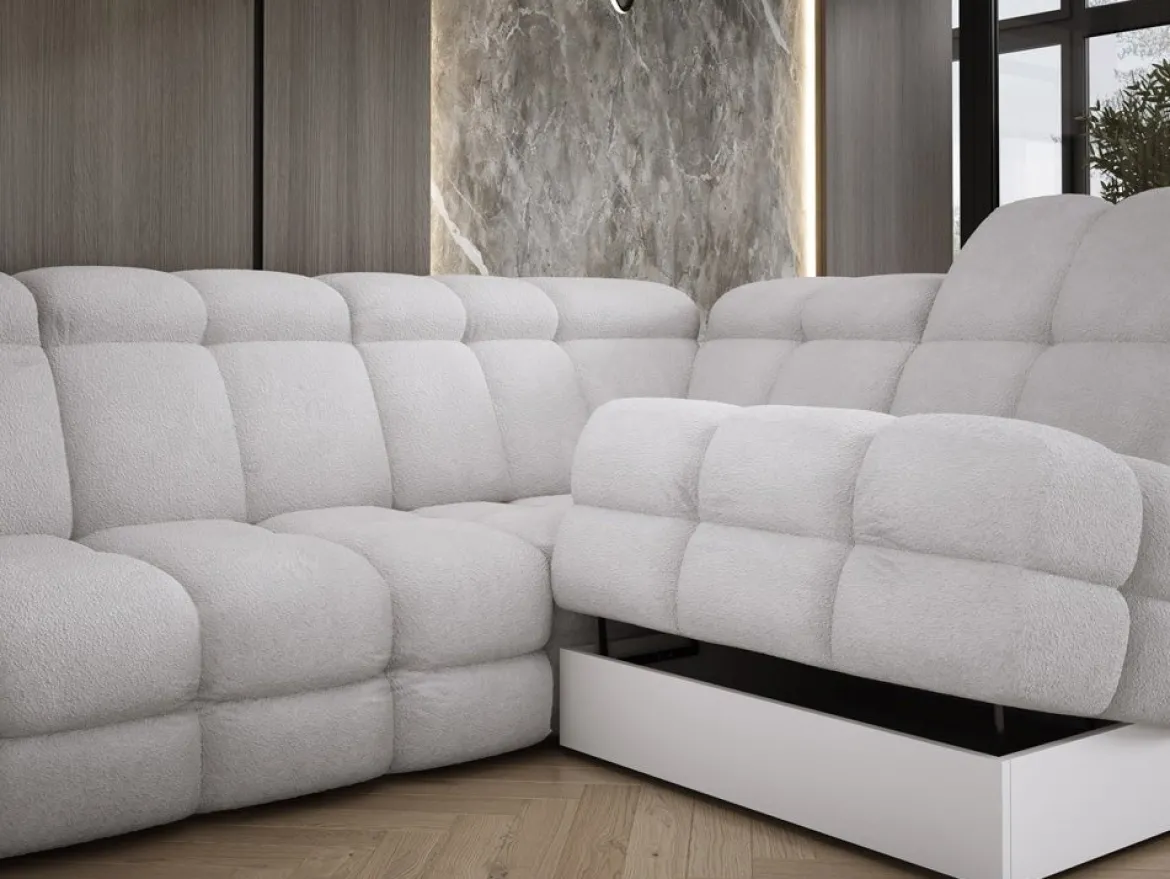 Designer Ecksofa Lima mit elektrischer Schlaffunktion in Bouclé
