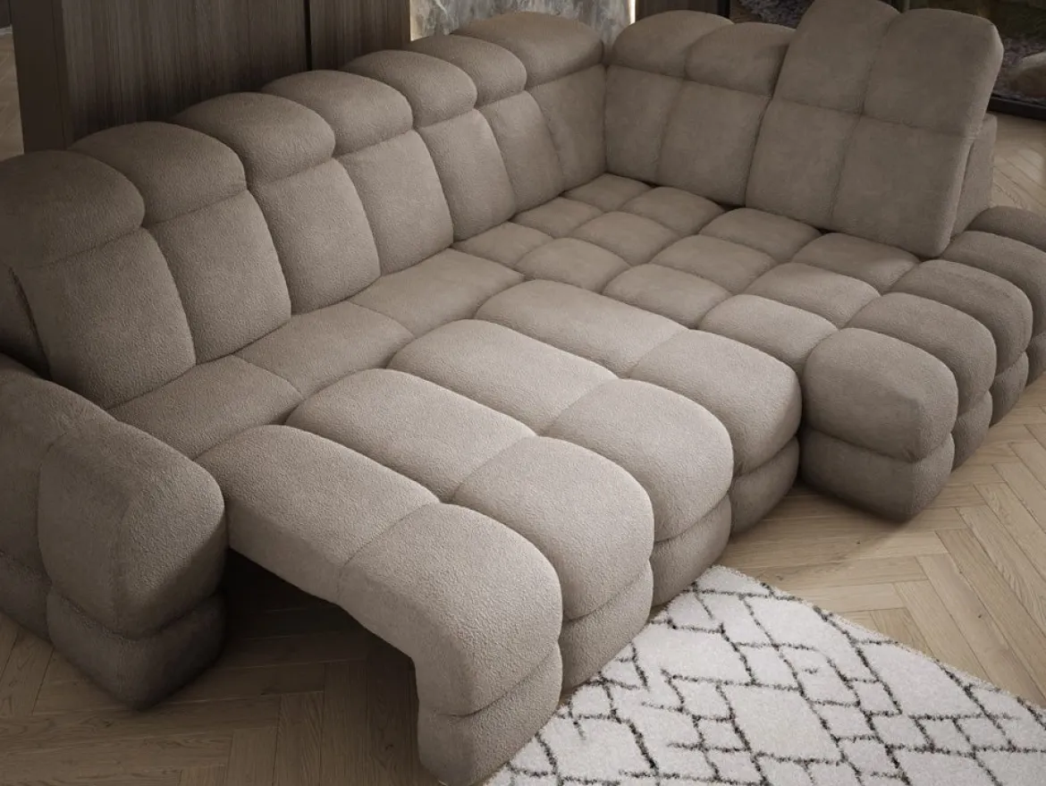 Designer Ecksofa Lima mit elektrischer Schlaffunktion in Bouclé