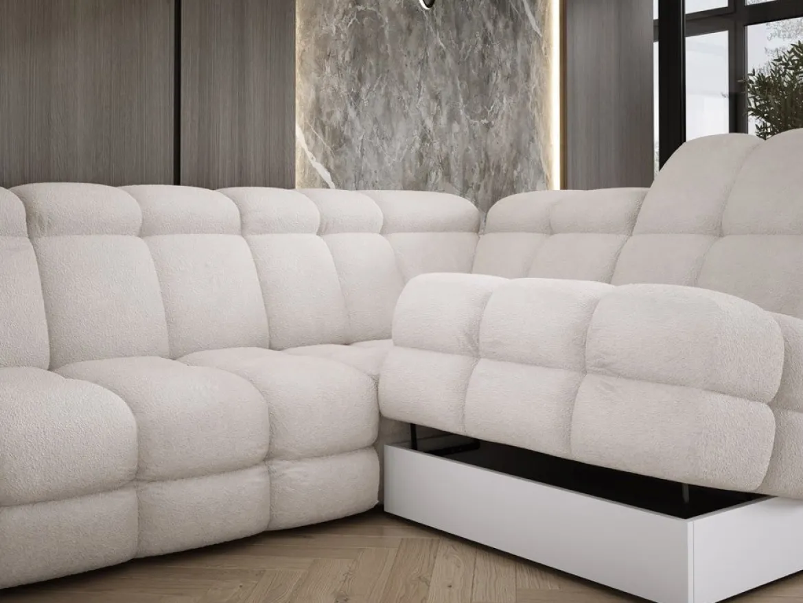 Designer Ecksofa Lima mit elektrischer Schlaffunktion in Bouclé