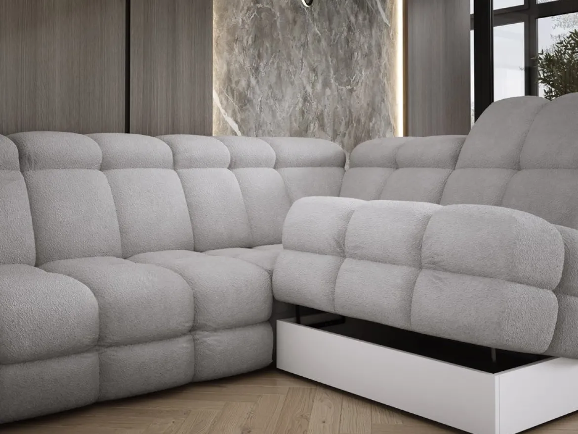 Designer Ecksofa Lima mit elektrischer Schlaffunktion in Bouclé