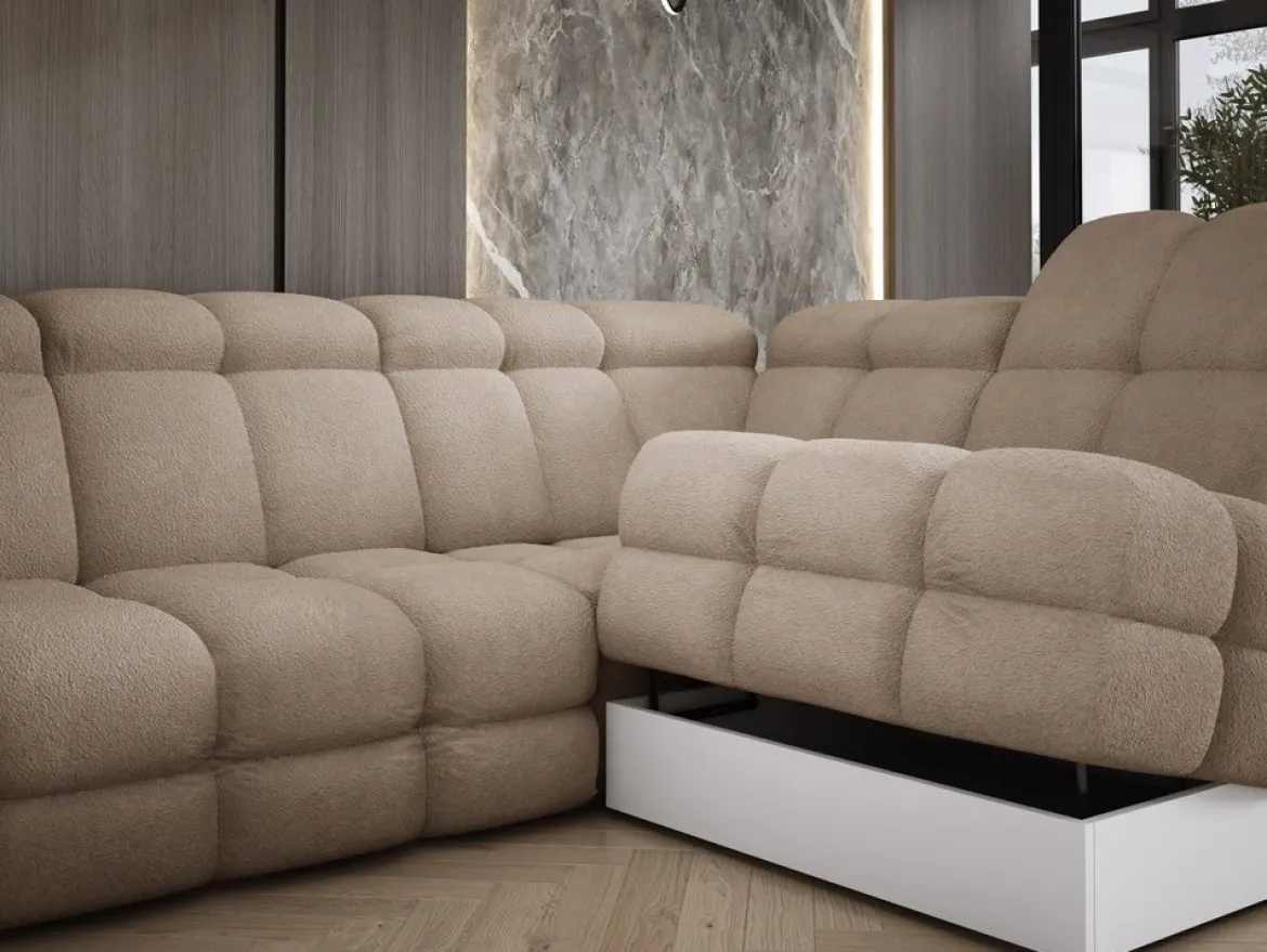 Designer Ecksofa Lima mit elektrischer Schlaffunktion in Bouclé