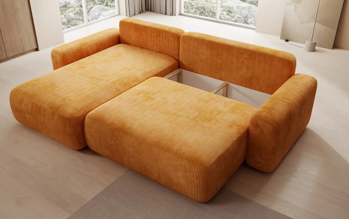 Designer Ecksofa Lola mit Schlaf- und Klappfunktion in Cord