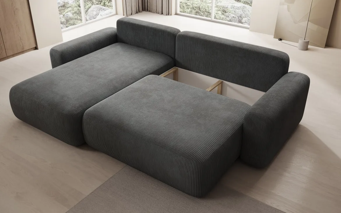 Designer Ecksofa Lola mit Schlaf- und Klappfunktion in Cord