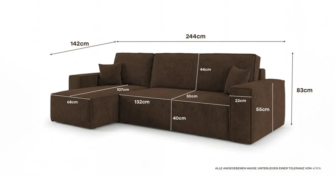 Designer Ecksofa Lunaro Mini mit Schlaf- und Klappfunktion in Cord