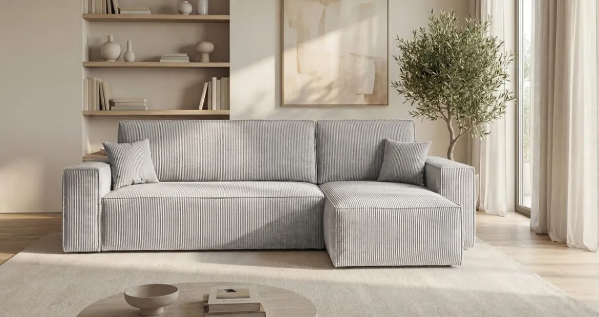 Designer Ecksofa Lunaro Mini mit Schlaf- und Klappfunktion in Cord