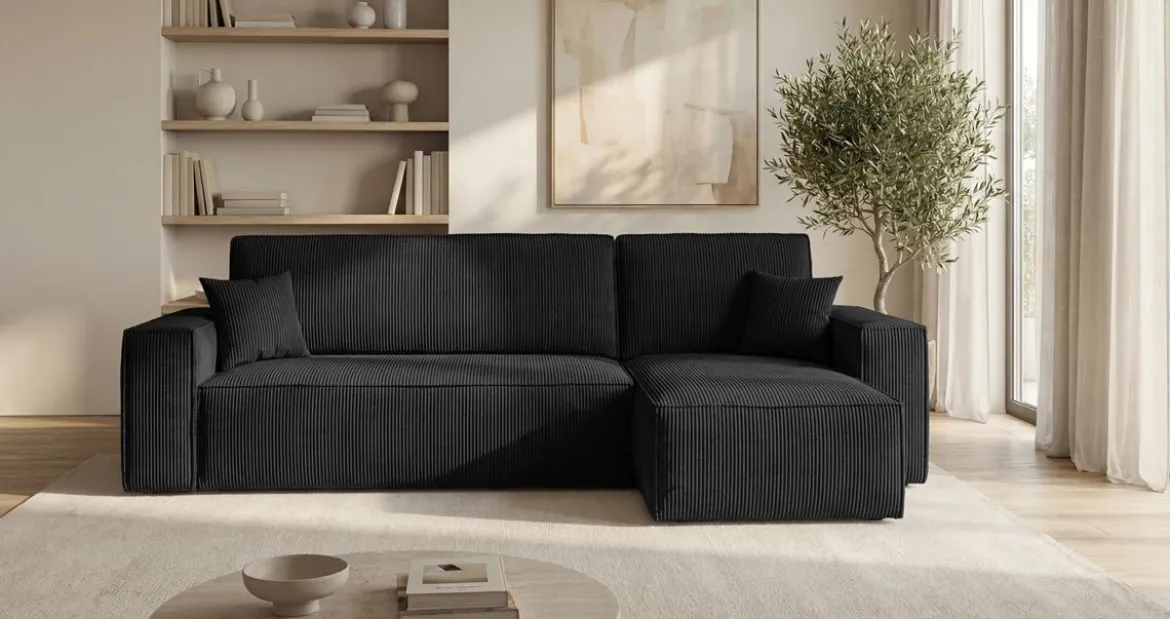 Designer Ecksofa Lunaro Mini mit Schlaf- und Klappfunktion in Cord