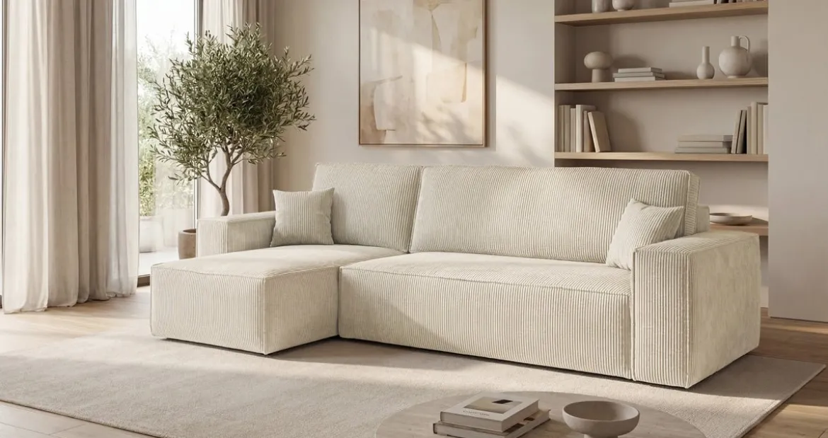 Designer Ecksofa Lunaro Mini mit Schlaf- und Klappfunktion in Cord