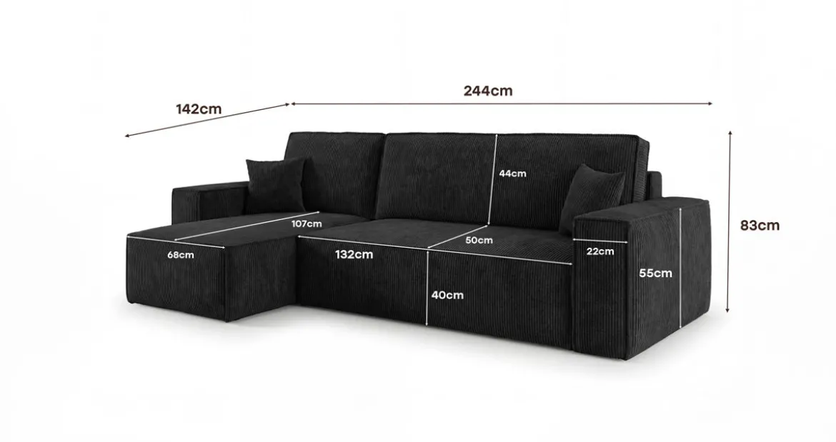 Designer Ecksofa Lunaro Mini mit Schlaf- und Klappfunktion in Cord