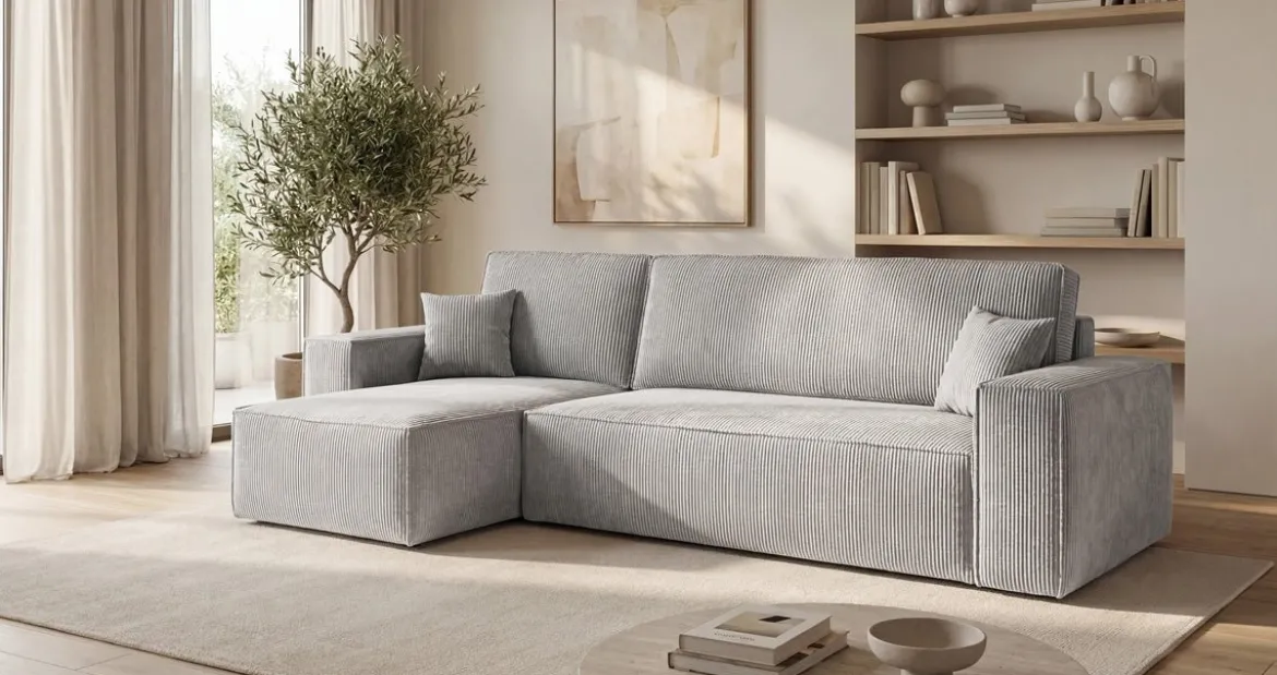 Designer Ecksofa Lunaro Mini mit Schlaf- und Klappfunktion in Cord