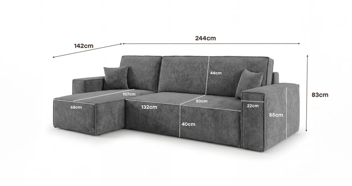 Designer Ecksofa Lunaro Mini mit Schlaf- und Klappfunktion in Cord