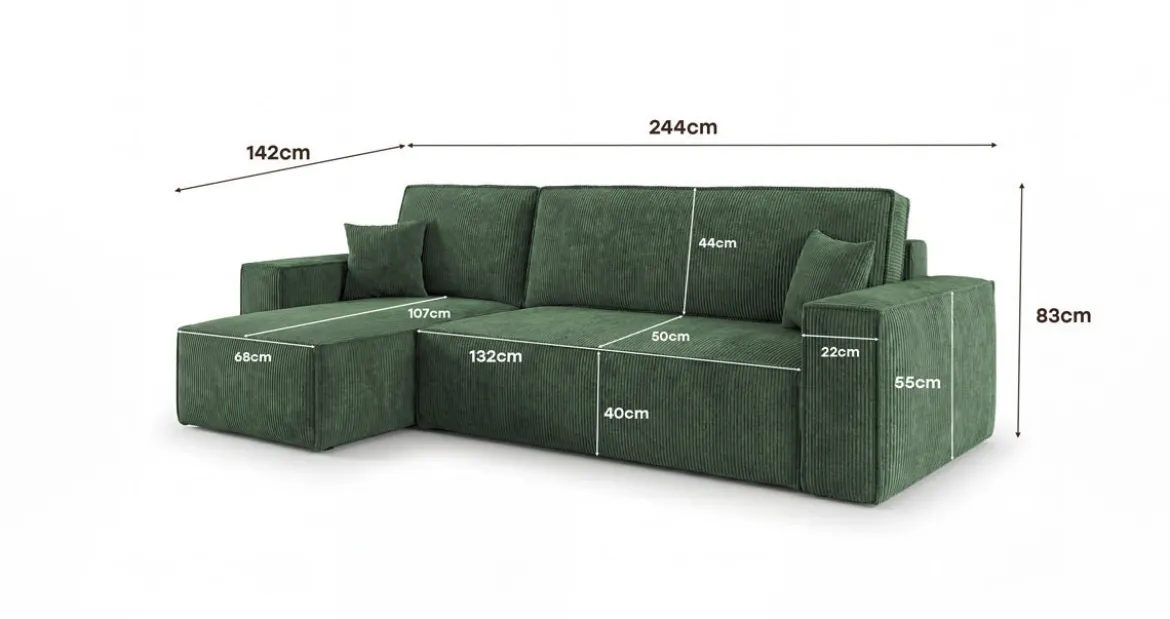 Designer Ecksofa Lunaro Mini mit Schlaf- und Klappfunktion in Cord