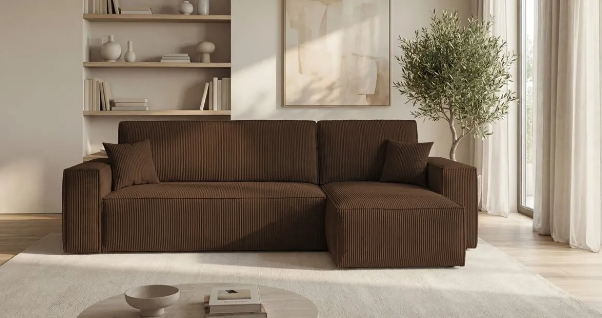 Designer Ecksofa Lunaro Mini mit Schlaf- und Klappfunktion in Cord