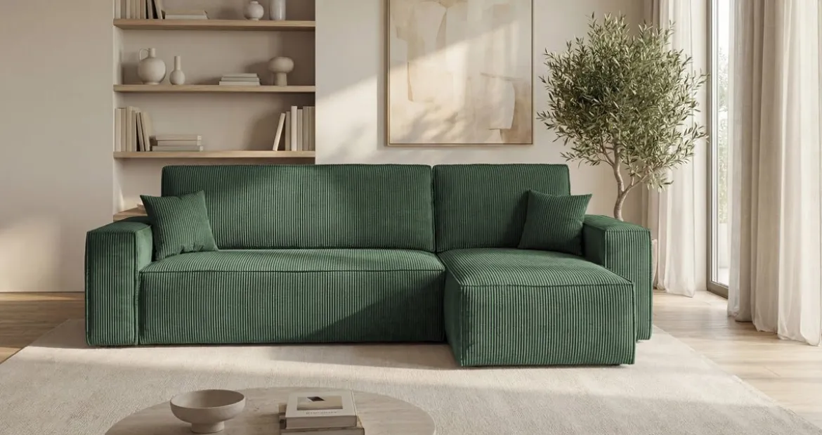 Designer Ecksofa Lunaro Mini mit Schlaf- und Klappfunktion in Cord