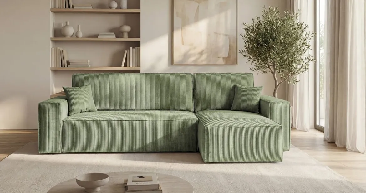 Designer Ecksofa Lunaro Mini mit Schlaf- und Klappfunktion in Cord