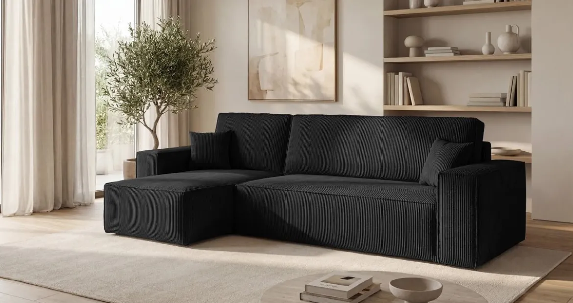 Designer Ecksofa Lunaro Mini mit Schlaf- und Klappfunktion in Cord