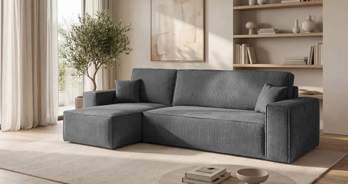 Designer Ecksofa Lunaro Mini mit Schlaf- und Klappfunktion in Cord
