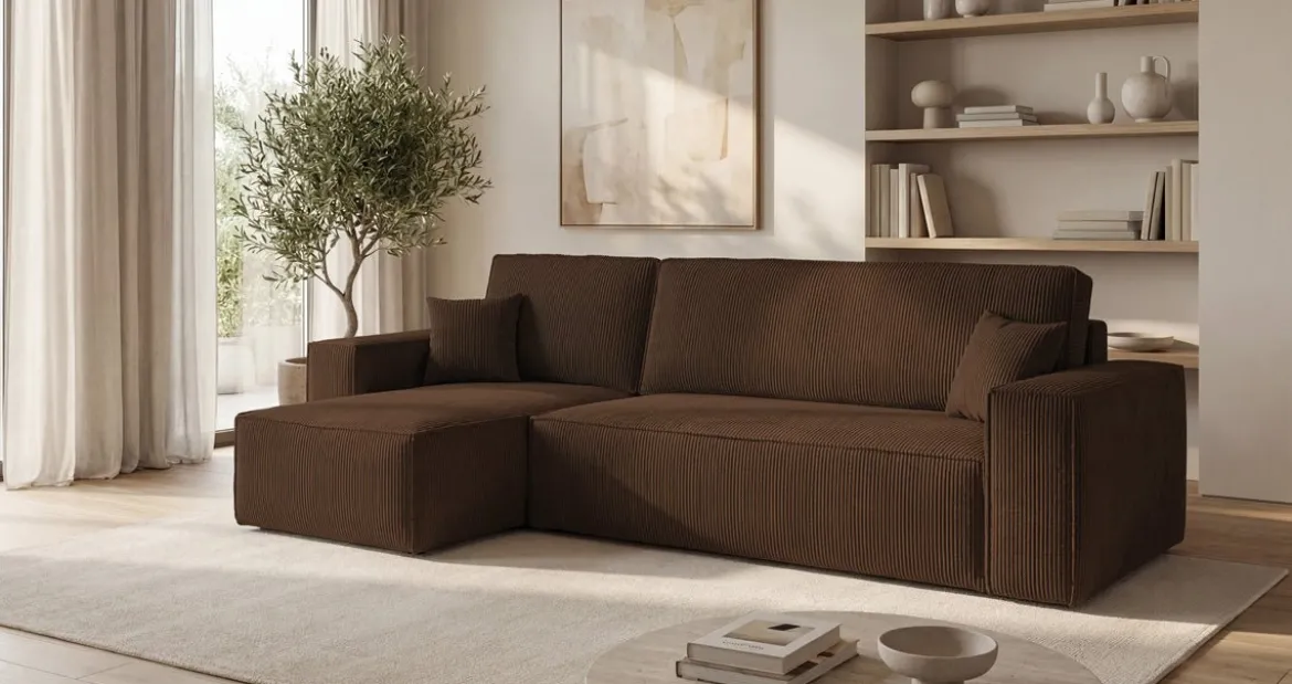 Designer Ecksofa Lunaro Mini mit Schlaf- und Klappfunktion in Cord