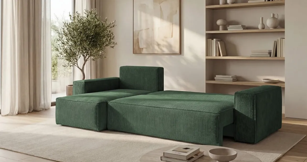 Designer Ecksofa Lunaro Mini mit Schlaf- und Klappfunktion in Cord