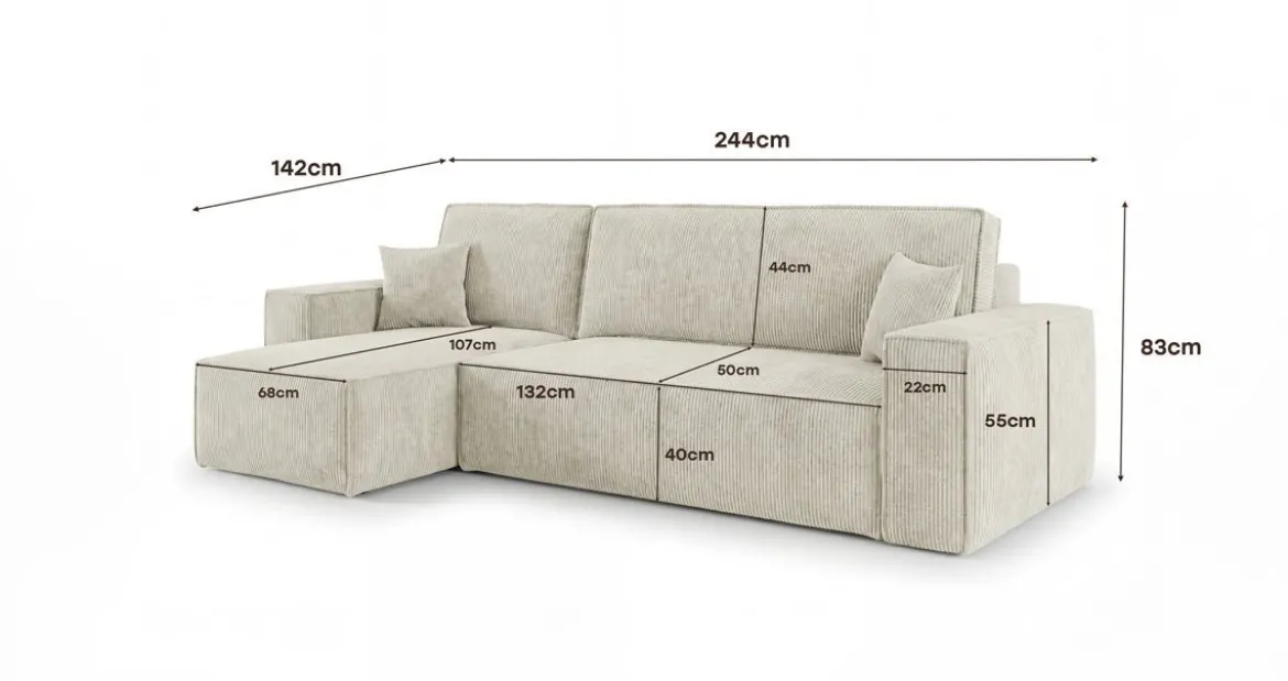 Designer Ecksofa Lunaro Mini mit Schlaf- und Klappfunktion in Cord