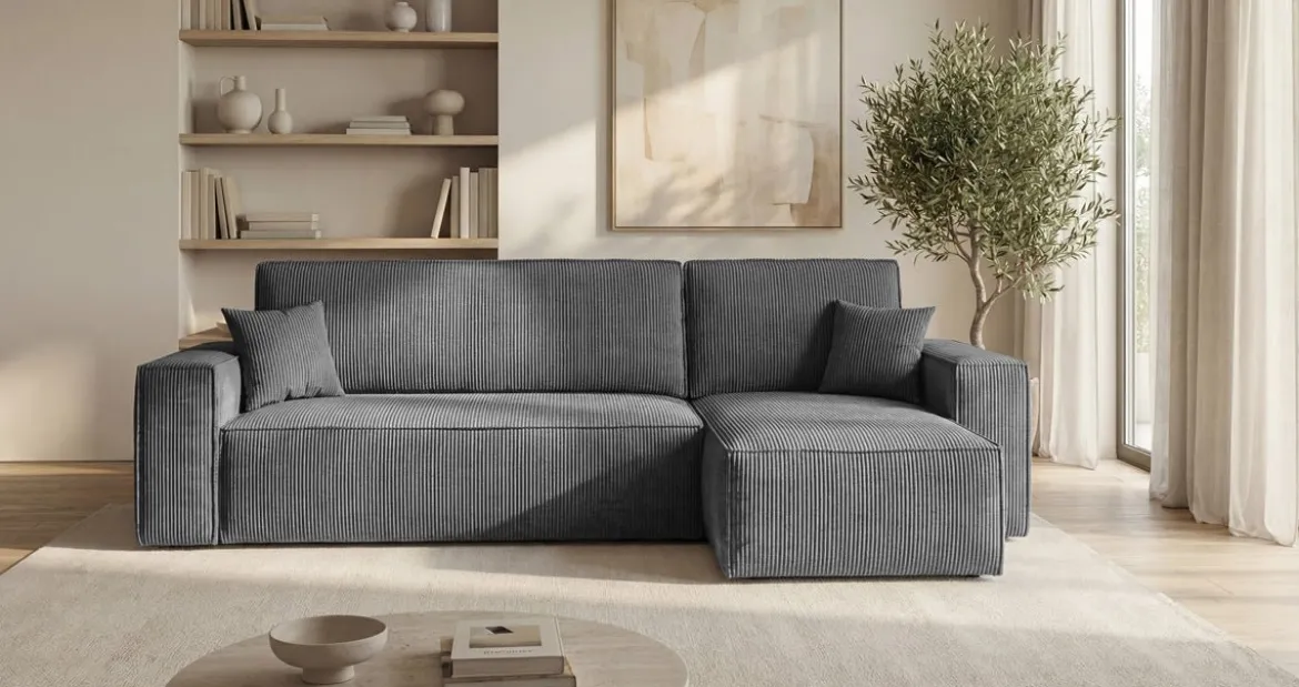 Designer Ecksofa Lunaro Mini mit Schlaf- und Klappfunktion in Cord