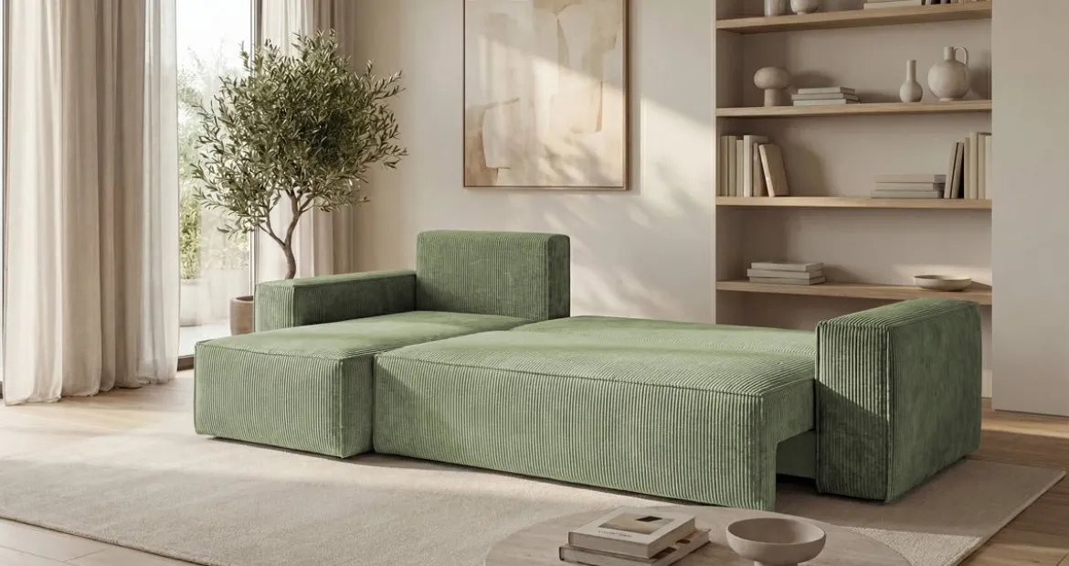 Designer Ecksofa Lunaro Mini mit Schlaf- und Klappfunktion in Cord