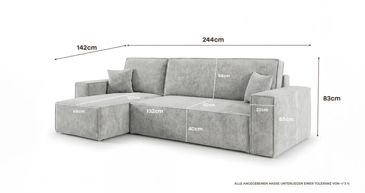 Designer Ecksofa Lunaro Mini mit Schlaf- und Klappfunktion in Cord