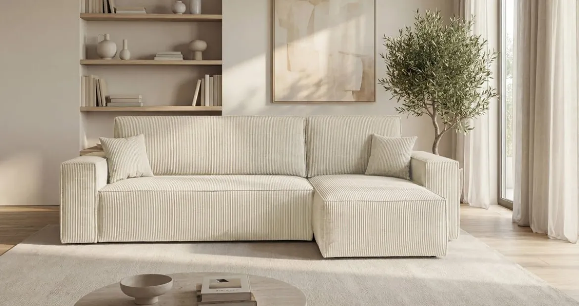 Designer Ecksofa Lunaro Mini mit Schlaf- und Klappfunktion in Cord
